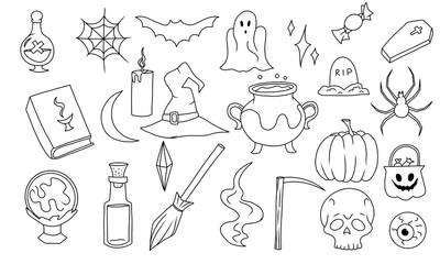 Halloween hand drawn doodle set with ghost, pumpkin, bat, skull, book, eye, spider, potion, poison, candies. Cartoon illustration collection.