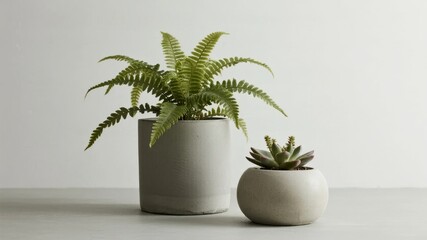 Obraz premium Two potted plants, a fern and a succulent, in minimalist ceramic pots on a white surface against a neutral background.