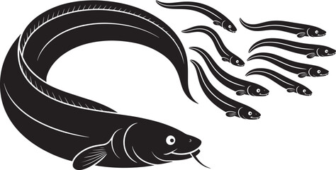 Black and White Eel and Smaller Eels Swimming Vector Art on Transparent Background