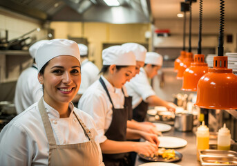 Portrait of beautiful woman chef wearing white uniform, posing in kitchen at the restaurant