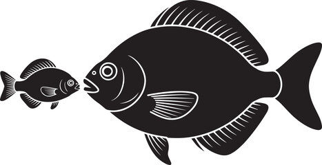 Stylized Black and White Silhouette of a Large Round Fish Opening Mouth to a Smaller Fish Vector