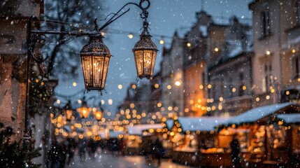 Festive Christmas Market Scene with Illuminated Lanterns and Snowfall in a European Town
