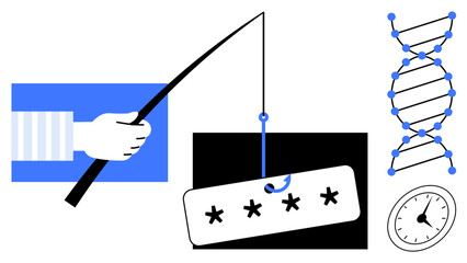 Hand with fishing rod hooks a password hint next to a DNA strand and clock. Ideal for data security, cybercrime, hacking, personal data, time management, risk awareness, simple flat metaphor