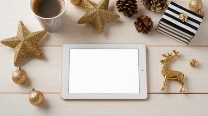Festive Holiday Mockup Featuring a Tablet with Empty Screen for Christmas Promotions and Digital Marketing
