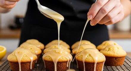 Close-up delectable muffins on rack, glazed with creamy topping
