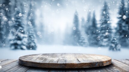 Fototapeta premium Winter Wonderland Backdrop Featuring a Wooden Display Platform for Product Showcase and Festive Holiday Themes