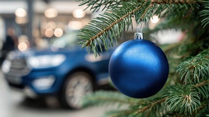 Festive Blue Ornament Hanging on Christmas Tree Branch with New Car Blurred in Background