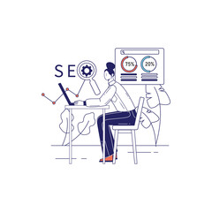 Businesswoman Analyzing Seo Data On Laptop In Bright Office With Charts And Graphs Visible On Screen