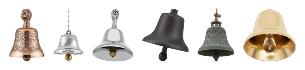 Obraz premium Bells set including copper, silver, bronze, brass, and dark metal styles isolated. Decorative, antique, and modern collection.