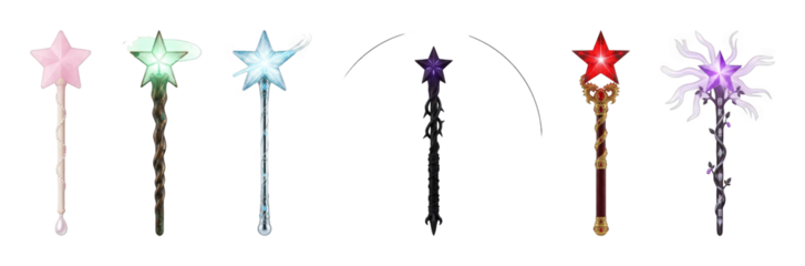 Fantasy magic wand and staff set including ornate, glowing, wooden, and metallic designs isolated. Mystical item collection.