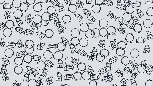 Scattered cartoon houses, spheres, and abstract shapes suitable for real estate concepts and architectural design projects. Perfect for marketing materials.