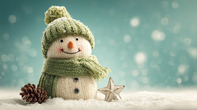 Festive Knitted Snowman with Green Scarf and Hat Amidst Gentle Snowfall, a Winter Holiday Still Life