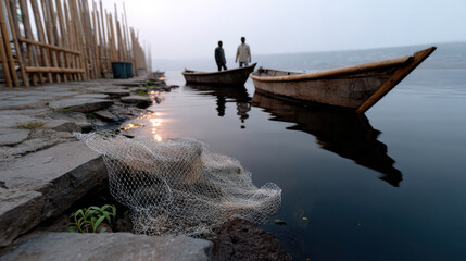 Two men are stationed at the water's edge, setting up fishing nets as the morning light gently breaks, emphasizing the essence of daily life and traditional practices.
