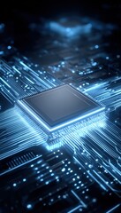 Fototapeta na wymiar Semiconductor Microchip Close-Up: Advanced Technology with Glowing Blue Circuitry for Digital Innovation and Computing Solutions