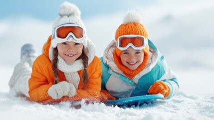 Two Smiling Girls Enjoying Winter Fun and Lying on Snow with Goggles and Warm Hats