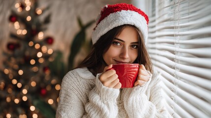 Festive Woman Enjoying Warm Drink by Window During Christmas Holiday Season Portrait
