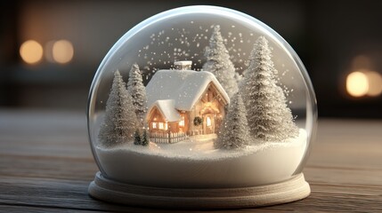 Cozy Winter Scene Snow Globe Featuring an Illuminated House and Snow-Covered Trees on a Wooden Surface