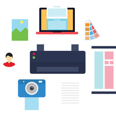 Digital Design Process Elements Including Laptop Printer Camera Color Swatch And Layout Showing Workflow For Graphic Design Creation