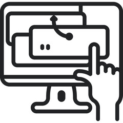 Digital Interface Interaction Hand Cursor Clicking on Screen Display Shows Navigation Arrow and Dots Minimalist Line Art Icon on Transparent Background