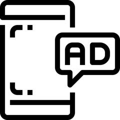 Digital Marketing Advertisement Icon Showing Ad Message on Mobile Device Screen with Black Outline on Transparent Background