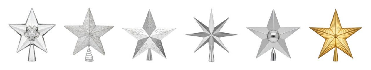 Obraz premium Christmas star tree topper set including clear, glitter, silver, and gold designs isolated. Holiday decoration collection.