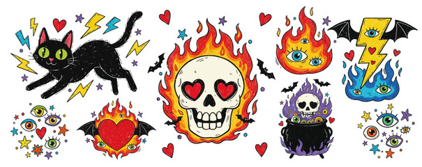Colorful Halloween cartoon doodle set with black cat, skull, fire, magic eyes, hearts, bats, and lightning. Fun spooky vector illustration for stickers or design