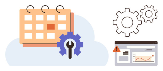 Calendar with a gear overlay, gears in motion, and a data dashboard with a warning sign. Ideal for planning, workflow, efficiency, data management, process improvement, productivity operational