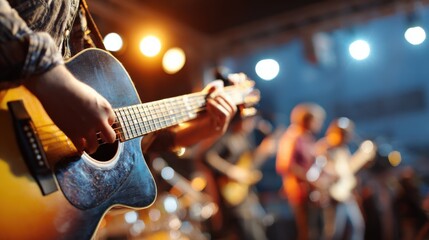 Obraz premium Guitarist Performing Live On Stage at a Concert with Crowd Enjoying the Music