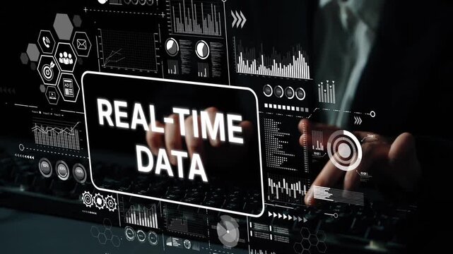 Hands on Keyboard with Graphical User Interface Display of Real-Time Data Analysis and Digital Metrics in Modern Workspace. Asymptotic smart data analytic.