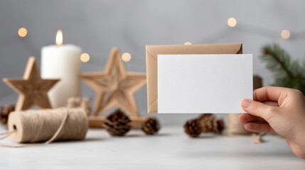Obraz premium Festive Holiday Card Mockup Featuring Blank Invitation, Hand, Candle, and Natural Christmas Decorations