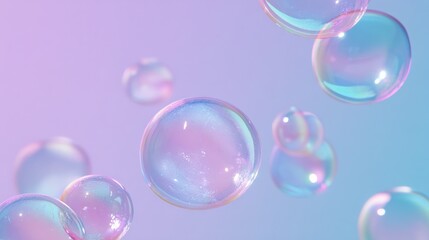 Floating iridescent soap bubbles, shimmering with pastel colors against a gradient background, conceptual and dreamy