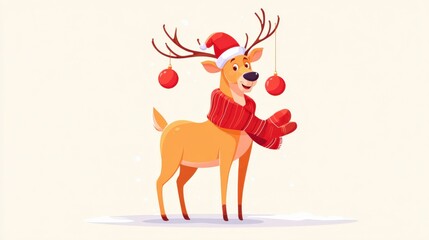 Festive Deer Illustration with Christmas Ornaments, Red Scarf, and Santa Hat for Holiday Season Greetings