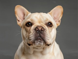Close-up portrait of a light-colored French Bulldog with large ears and expressive eyes against a neutral gray background
