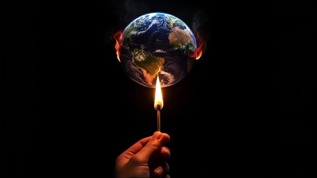 A hand holding a burning match igniting planet Earth, symbolizing global warming and environmental crisis with a sense of urgency and danger
