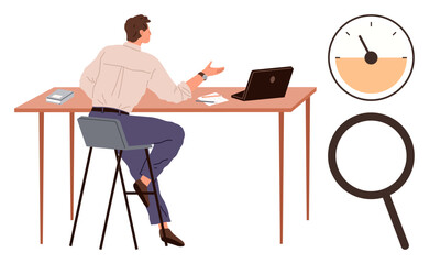 Fototapeta premium Businessman sitting at a desk with a laptop, books, and papers, gesturing during work analysis. Magnifying glass and speedometer symbolize research and progress. Ideal for productivity, strategy