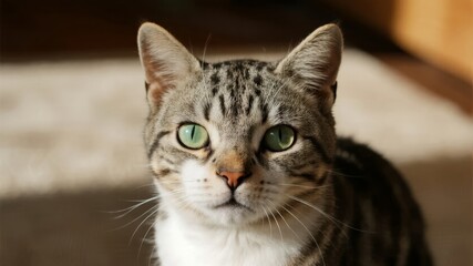 Obraz premium Close-up of a tabby cat with green eyes and striped fur, looking directly at the camera