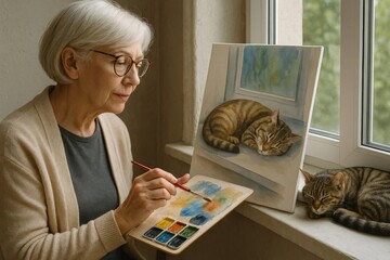 Senior woman painting a realistic watercolor portrait of a sleeping cat beside her on a windowsill.