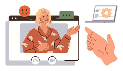 Woman engaging in virtual meeting through video call, accompanied by chat bubble, happy icon, gear screen, and hand gesture. Ideal for communication, technology, education, teamwork networking