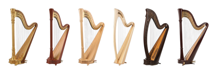 Harp set including gilded, dark wood, mahogany, and natural wood styles isolated. Elegant string instrument collection.
