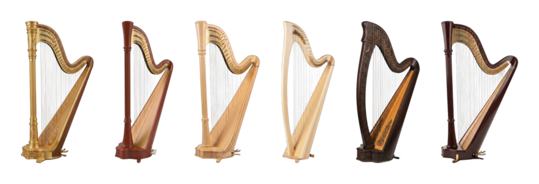 Harp set including gilded, dark wood, mahogany, and natural wood styles isolated. Elegant string instrument collection.