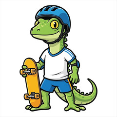 Cartoon gecko mascot wearing a helmet and holding a skateboard, ready for adventure
