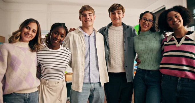 Face, team and high school students hug for learning, education and academic development. Portrait, teenager and group of people in classroom together with embrace, diversity and smile for support - Powered by Adobe
