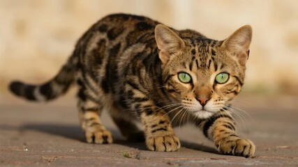 Obraz premium A tabby cat with striking green eyes crouches low on a stone surface, focused and alert.