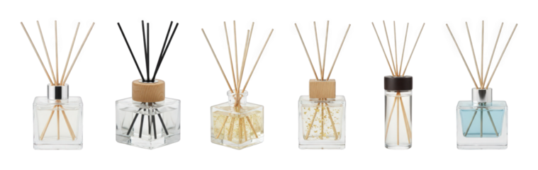 Reed diffuser set including various bottle shapes, wood and metal caps, and liquid styles isolated. Home decor and aromatherapy collection.