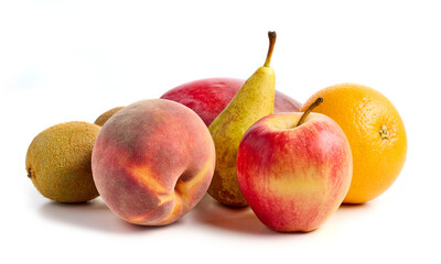 various fresh fruits on white background