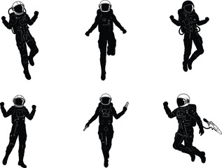 Astronaut silhouettes in spacesuits, space exploration illustration set, zero gravity motion artwork, science and technology design, cosmic adventure concept