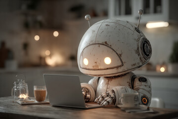 A curious robot sits at a desk with a laptop, soft candlelight, and warm ambience, suggesting focus, work, and exploration in a cozy modern setting.