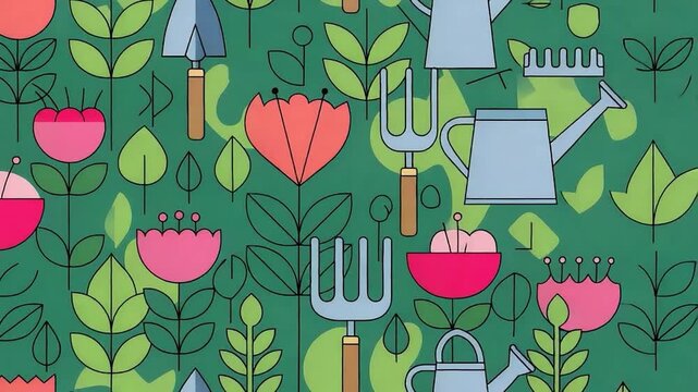 Charming Garden Pattern with Flowers and Tools.