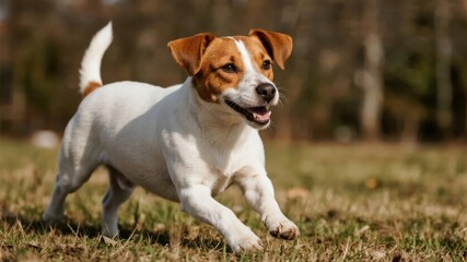 A small white and brown dog running on grass in an outdoor setting