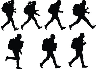 Walking silhouettes with backpacks, commuter and traveler illustration set, outdoor lifestyle artwork, education and urban design, motion sequence concept graphic